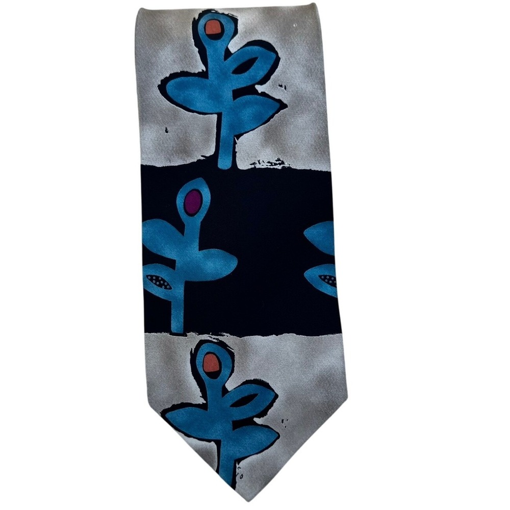 Timney Fowler London Silk Tie Blue Black Abstract Art Print Hand Made Korea NICE